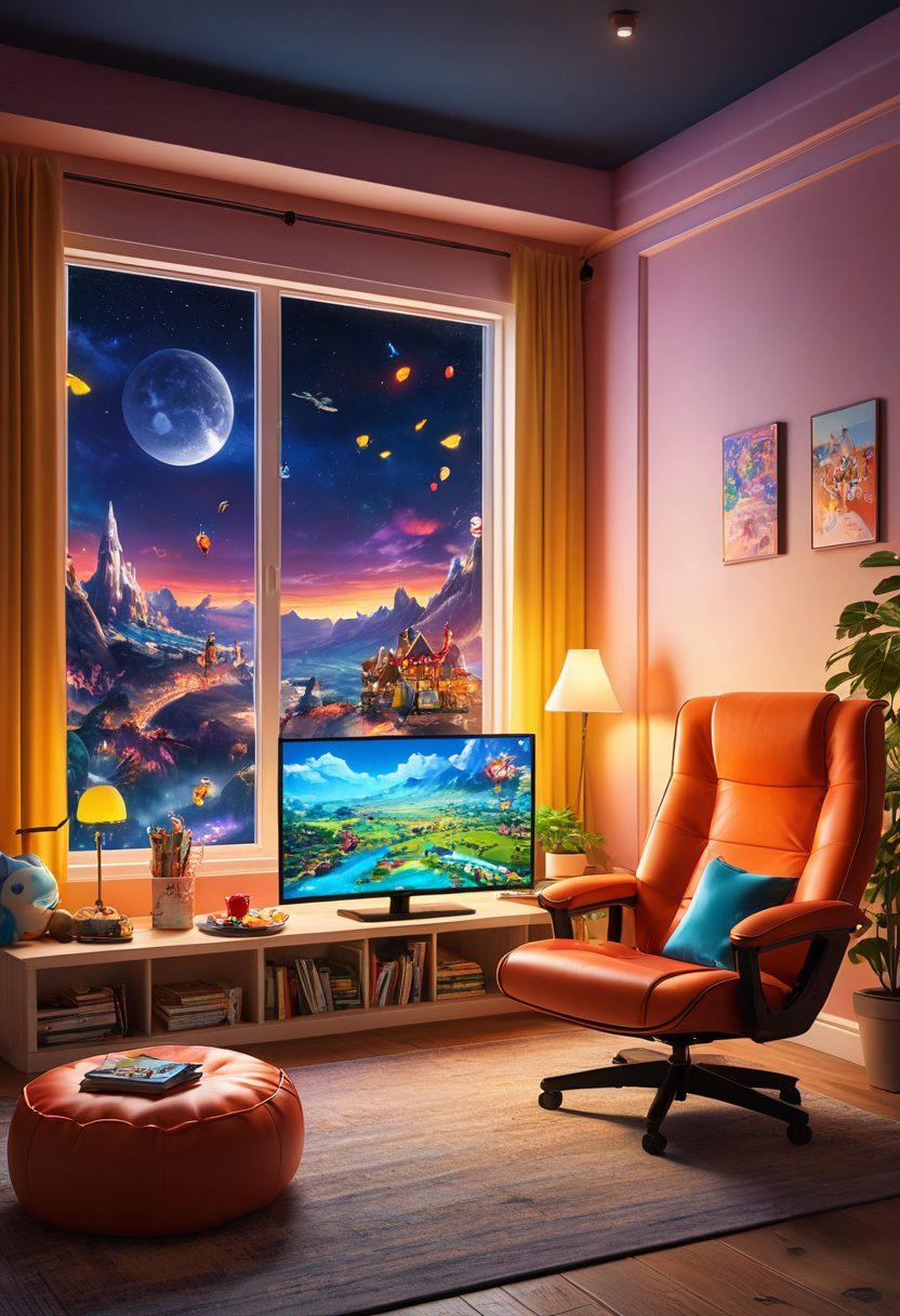 A cozy gaming setup featuring a comfortable chair, vibrant LED lights illuminating the room, and a large screen displaying a colorful game world filled with whimsical characters. Include a table with snacks and drinks, with a window revealing a sunny outdoor scene for contrast. The atmosphere should evoke joy, relaxation, and excitement. super-realistic. vibrant colors. 3D.