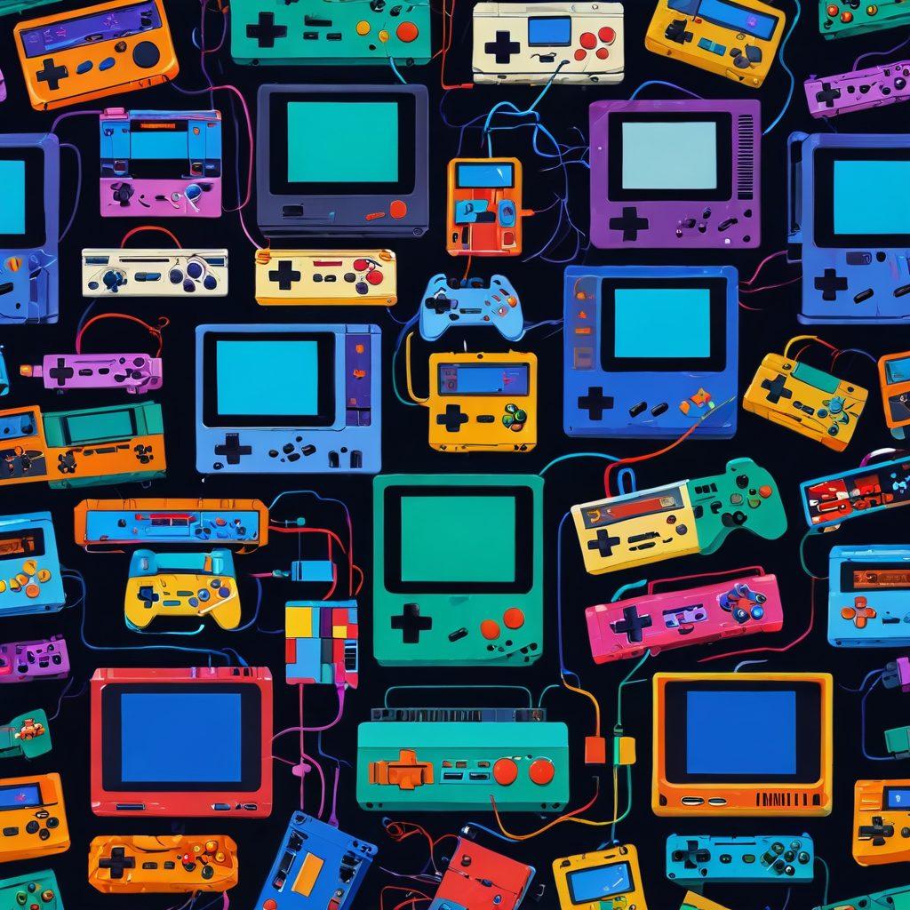 A colorful collage showcasing various retro gaming consoles and modern devices interconnected with dynamic lines, representing emulators. Include iconic game characters leaping between screens, all set against a vibrant backdrop of pixelated graphics and 8-bit patterns. The scene should evoke a sense of nostalgia and excitement for gaming enthusiasts. super-realistic. vibrant colors. 3D.