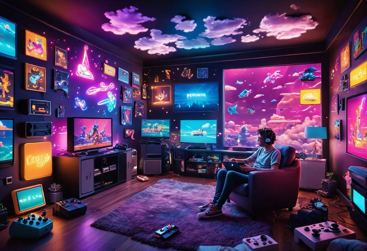 A vibrant and immersive scene depicting a joyful gamer surrounded by iconic retro gaming consoles and colorful pixelated characters floating around. The atmosphere is filled with sparkling effects and cartoonish clouds of happiness, symbolizing bliss and nostalgia. Bright neon colors create an energetic background, showcasing a seamless blend of retro and modern gaming elements. The overall mood should radiate excitement and joy. super-realistic. vibrant colors. cartoon style.